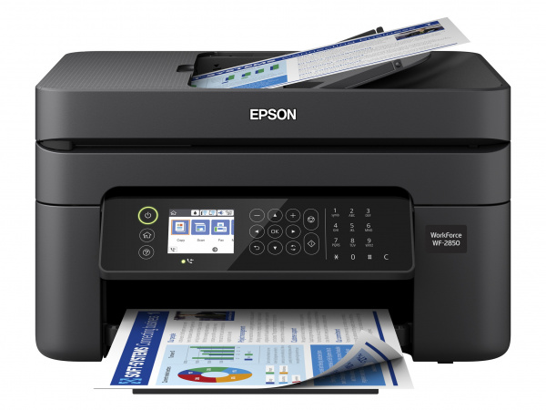 Epson Workforce WF-2850DWF: Einfaches Fax-Multifunktionell mit Fax, Simplex-ADF aber offener Papierzuführung. Die Modelle WF-2830DWF und WF-2835DWF sind baugleich - können jedoch nicht in die Cloud scannen.