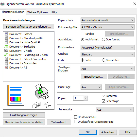 Epson Workforce WF-7840DTWF Register Haupteinstellungen