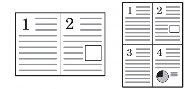 2auf1 / 4auf1: Zwei oder vier Einzelseiten auf eine Seite kopiert.