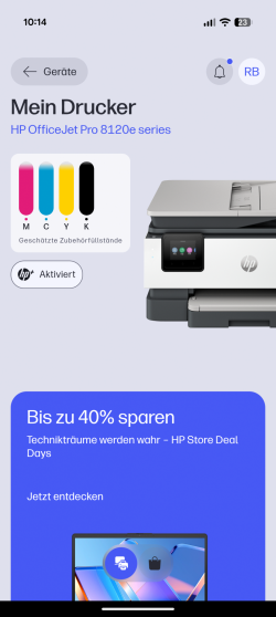 Drucker-Details: Zugriff auf die Funktionen des gewählten Gerätes. Am Beispiels des Officejet Pro 8120e.