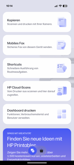 ... Kopieren, Mobiles Fax, Shortcuts, HP Cloud-Scans, Dashboard drucken ...