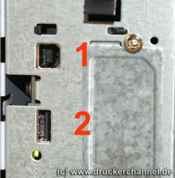 Anschlüsse: USB 2.0 zum PC (1) und USB für Fremdhersteller (2).