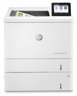 HP Color Laserjet Enterprise MFP M555x: Drucker mit installierter zweiter Papierkassette und integriertem Drahtlos-Modul.