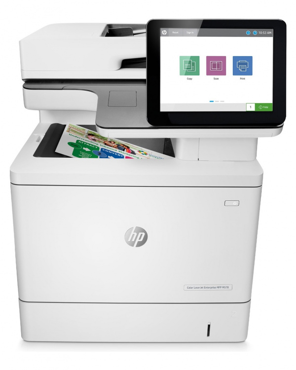 HP Color Laserjet Enterprise MFP M578dn: Leistungsfähiger Farblaser für Arbeitsgruppen und bis zu 3 Papierkassetten, jedoch nur mit Option auf ein Fax.