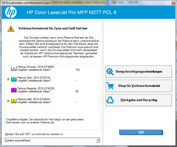 HP Color Laserjet Pro MFP M277dw: Weiterdrucken ist möglich, bis der Toner tatsächlich leergedruckt ist.