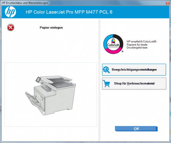 Statusfenster: Dieses Fenster geht automatisch auf, wenn der HP ein "Problem" feststellt. Hier im Beispiel ist es eine geöffnete Papierkassette, was HP mit einem falschen Vorschaubild interpretiert (geöffneter manueller Einzug).