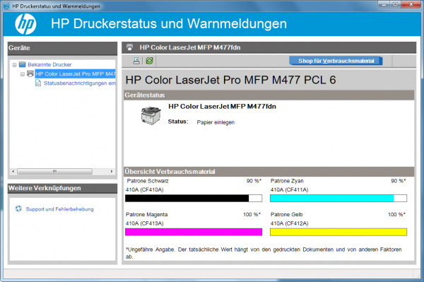 Statusmonitor des HP Color Laserjet Pro MFP M477fdn: Gibt Auskunft über den aktuellen Status (hier: Papierkassette offen) und zeigt den aktuellen Füllstand der vier Tonerkartuschen an.