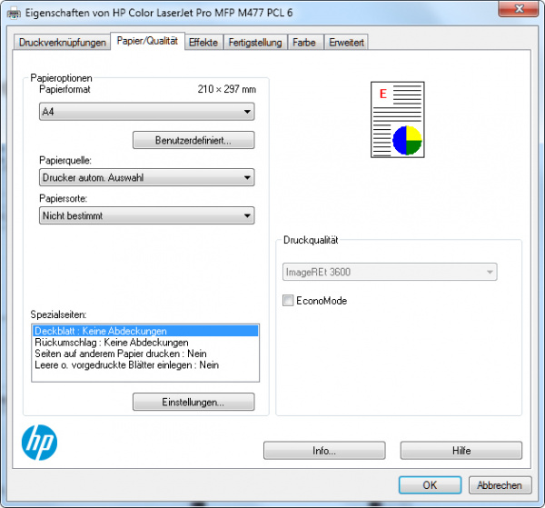 Registerkarte "Papier/Qualität": Papierformat, Papiersorte und die Papierquelle lassen sich ändern, nicht jedoch die Druckqualität, die fix auf "ImageREt 3600" eingestellt ist. Den Tonersparmodus nennt HP "EconoMode".