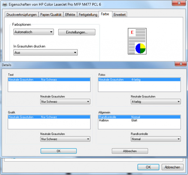 Registerkarte "Farbe": In den Farboptionen lässt sich einstellen, wie "grau" beim Text-, Grafik- und Fotodruck dargestellt werden soll.