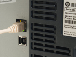 Anschlüsse: Netzwerk und USB, hier beim CP5225n/dn.