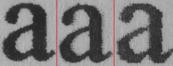 Textdruck: Nahe am Laserdrucker. Von links: Hohe Qualität, Normaldruck und Draft-Modus (Bild anklicken).