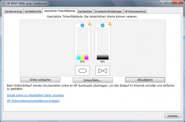 HP Envy 5640: Mit dem HP kann man weiterdrucken, bis Streifen auftreten. Je nachdem, was man druckt, können Streifen auf dem Ausdruck erscheinen, bevor der Treiber eine leere Tintenpatrone meldet oder anders herum.