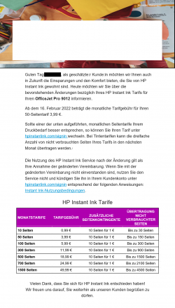 "HP Instant Ink Tarifanpassung": Informationen zu neuen Tarifen werden seit Mitte Januar 2022 an Kunden gesendet.