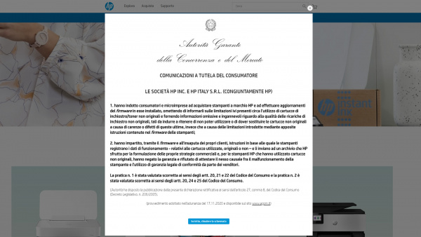 Zwangshinweis: Informationen von der Wettbewerbsbehörde "AGCM" auf der italienischen HP-Seite.