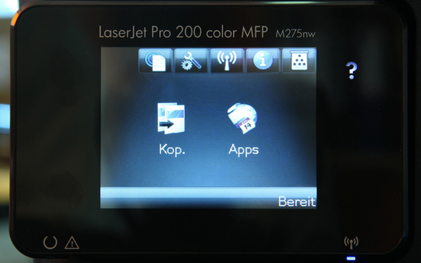 HP Laserjet Pro 200 color MFP M275nw: Der Startbildschirm des Touchscreens.