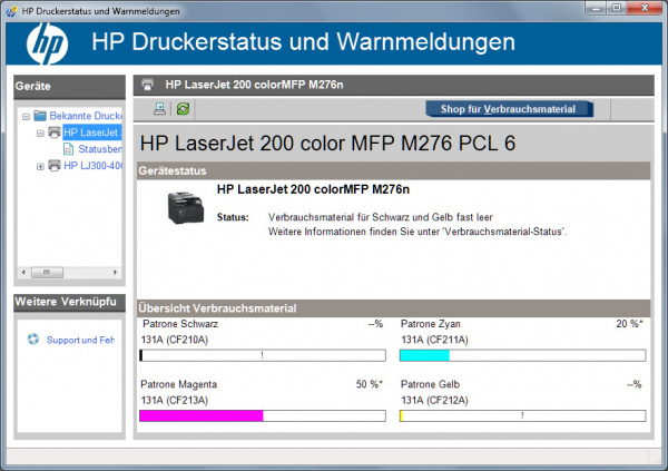 HP Laserjet Pro 200 color MFP M276n: Weiterdrucken ist möglich - man muss aber die Ausdrucke auf Streifen beobachten.