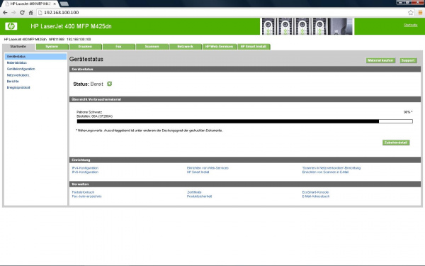 Webserver: HP Laserjet Pro 400 MFP M425dn.