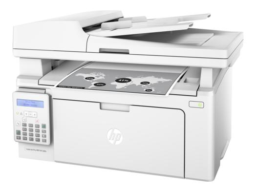 HP Laserjet Pro M130fn: Faxgerät, Flachbettscanner, Textzeile (LCD) und Simplex-Vorlageneinzug - kein Wlan, dafür aber Ethernet.