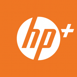 "HP+" Logo: Vorteilsprogramm für ausgewählte HP-Drucker mit Mehrwerten und Einschränkungen.