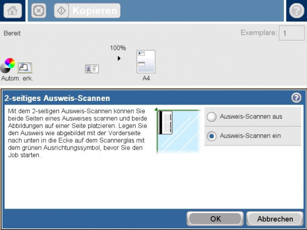 ID-Kopie / Ausweiskopie: Praktische Funktion, um Ausweise, Führerscheine oder ähnliches schnell und einfach auf beiden Seiten zu scannen und auf ein A4-Blatt auszugeben.