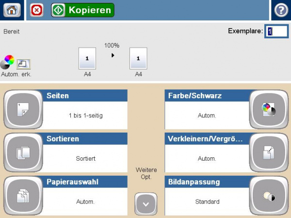 Kopieren: Im Touchscreen des HP Officejet Enterprise gibt es zahlreiche Kopiereinstellungen, die...