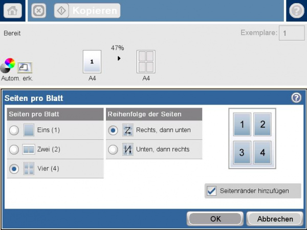 Mehrere Seiten auf ein Blatt: Wer Papier und Tinte sparen will, kann über diese Einstellung mehrere zu druckende Seiten verkleinert auf ein Blatt ausgeben.