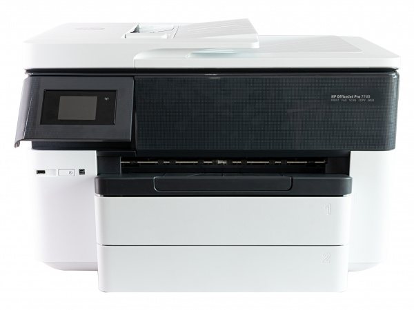 HP OfficeJet Pro 7740: Frontalansicht mit hochgeklapptem Display