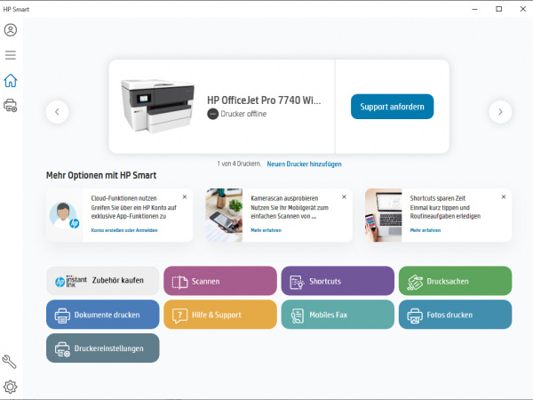 HP OfficeJet Pro 7740 - HP Smart: Startbildschirm.