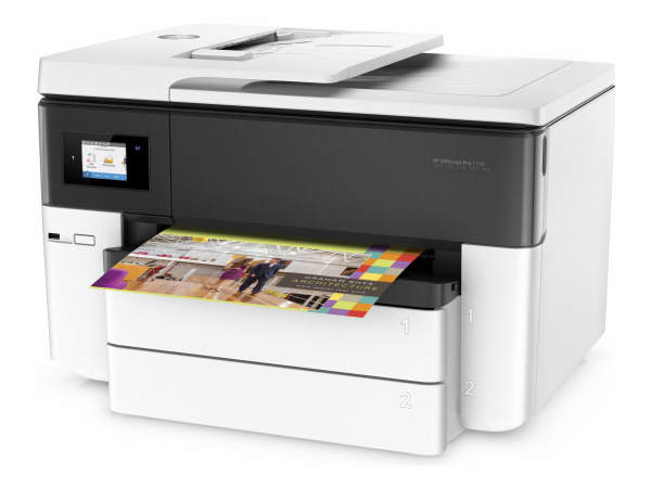 HP Officejet Pro 7740: Druckt bis zum Format A3 aus zwei Papierkassetten und mit pigmentierter Tinte.
