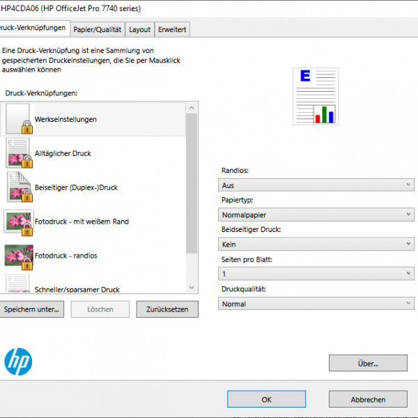 HP OfficeJet Pro 7740 - Register Druck-Verknüpfungen: Grundlegende Einstellungen und "Druck-Verknüpfungen".
