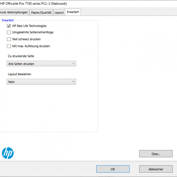 HP OfficeJet Pro 7740 - Register Erweitert: Zusätzliche Optionen wie umgekehrte Seitenreihenfolge.