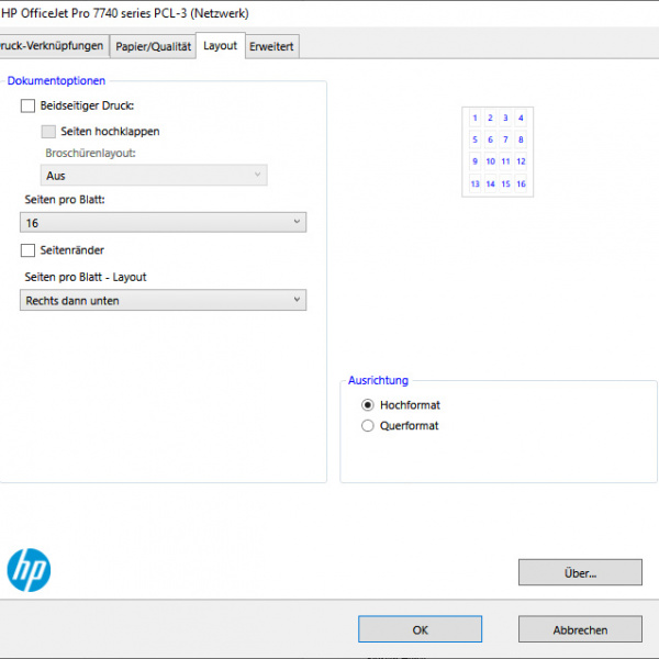 HP OfficeJet Pro 7740 - Register Layout: Dokumentoptionen, Seiten pro Blatt, Broschürendruck.
