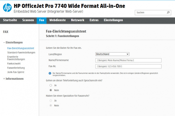 HP OfficeJet Pro 7740 - Webserver Faxeinrichtung: Vornehmen der Einstellungen zum Faxen und Anlegen von Kontakten.