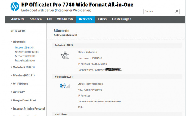 HP OfficeJet Pro 7740 - Webserver Netzwerk: Einstellungen für die Netzwerkverbindungen.
