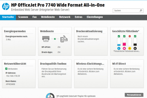 HP OfficeJet Pro 7740 - Webserver Startseite: Moderne, konfigurierbare Ansicht mit Kacheln und den wichtigsten Infos.
