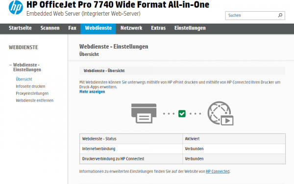HP OfficeJet Pro 7740 - Webserver Webdienste: Drucken von unterwegs mit Hilfe von HP ePrint