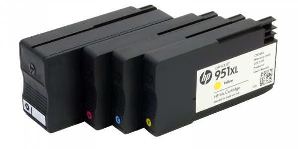 HP-Tintenpatronen Nr. 951 XL: Vier Einzelpatronen, die mit Pigmenttinte befüllt sind.