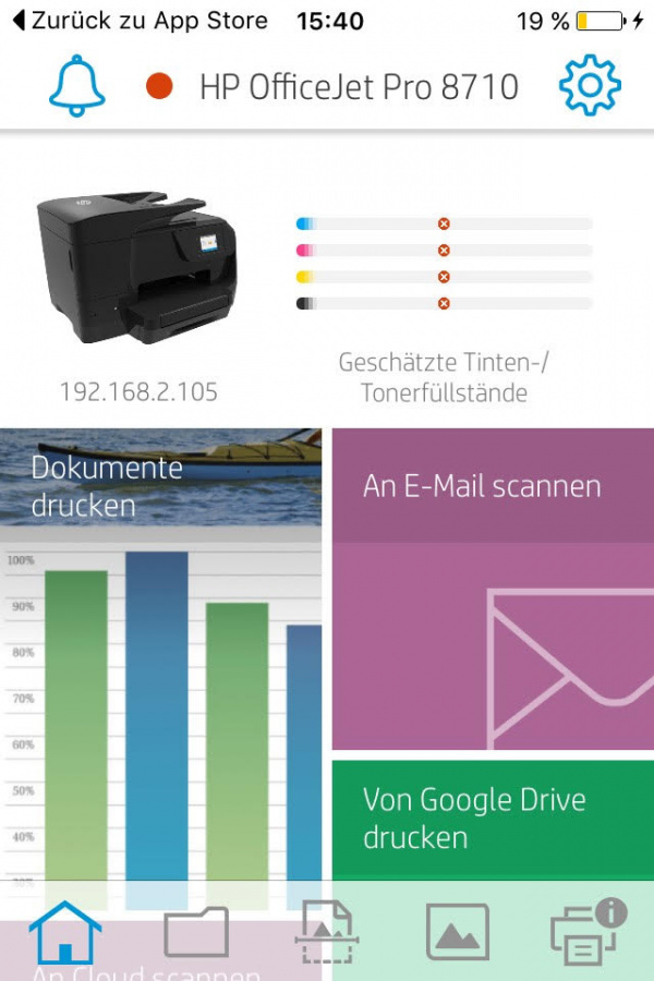 HP-Aio-Remote-App: Auf der Startseite sind die verschiedenen Funktionen in Kacheln angeordnet.
