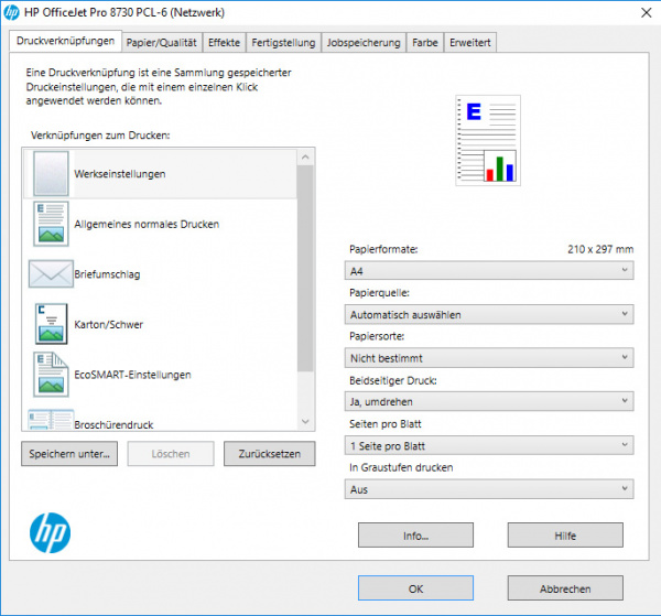 HP Officejet Pro 8730 (PCL6-Treiber): Deutlich mehr Einstellungen gegenüber dem PCL3-Treiber.