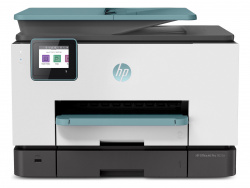 HP Officejet Pro 9025e: Baugleich, aber mit türkiser Akzentfarbe.