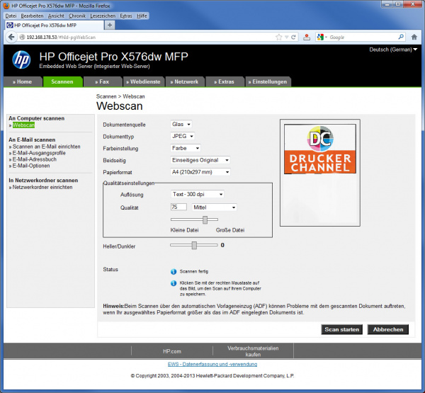 Register "Scannen": Per Webscan kann man Dokumente scannen, ohne dass Software auf dem PC installiert sein muss.