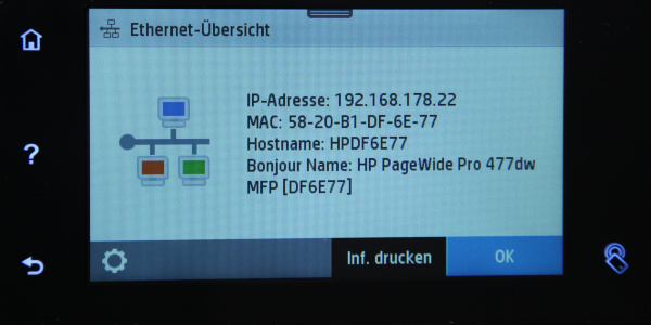 ...anschließend zeigt Ihnen das HP-Display die IP-Adresse an.