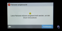 Nichts geht mehr: Am Beispiel eines HP-Druckers separaten Tintenpatronen geht es erst mit einer neuen Patrone weiter.