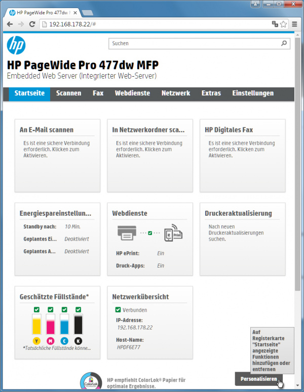 HP-Webserver (EWS): Frei einstellbare Startseite. Über den Button "Personalisieren" kann man...