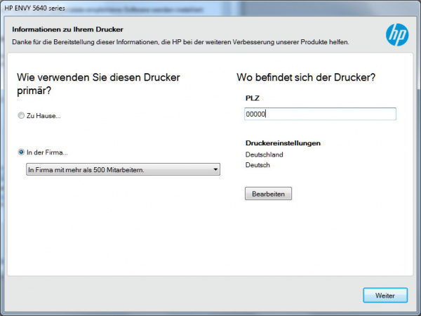 HP: Will wissen, ob das Gerät zuhause oder in einer Firma steht und wieviele Mitarbeiter die Firma hat. Zudem soll man seine Postleitzahl hinterlassen. Die Daten unter "Druckereinstellungen" sollte man wahrheitsgemäß beantworten, sonst erscheinen im Drucker zum Beispiel eine falsche Sprache.
