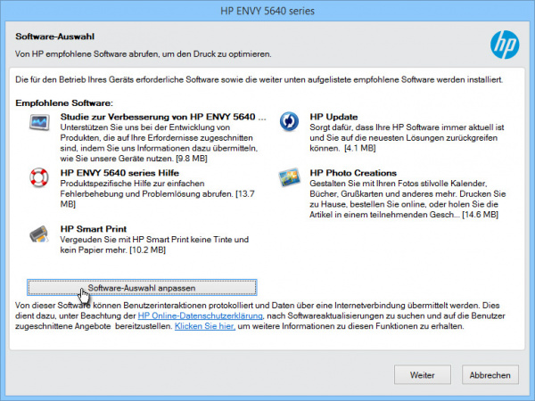 HP: Bei HP muss man zunächst auf den Button "Software-Auswahl anpassen" klicken, damit man die Teilnahme an der "Studie zur Verbesserung von..." ablehnen kann.