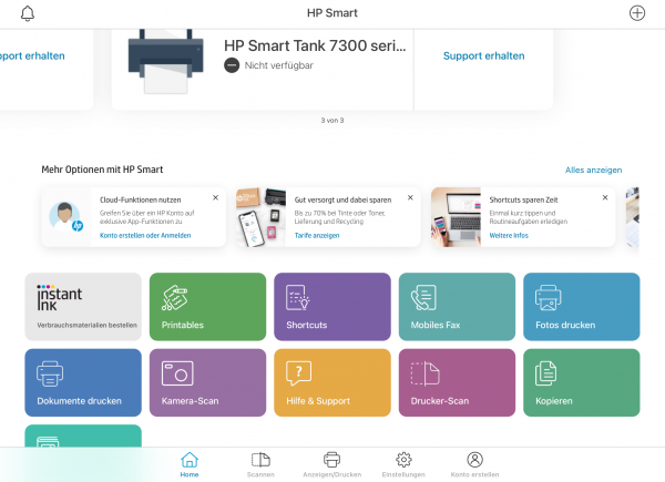 HP Smart Tank 7305 Smart App: Startbildschirm