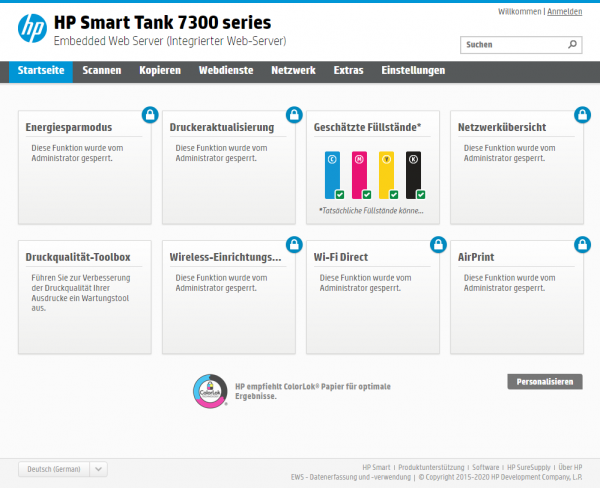 HP Smart Tank 7305 Webserver: Startseite
