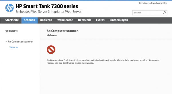 HP Smart Tank 7305 Webserver: Webscan gesperrt