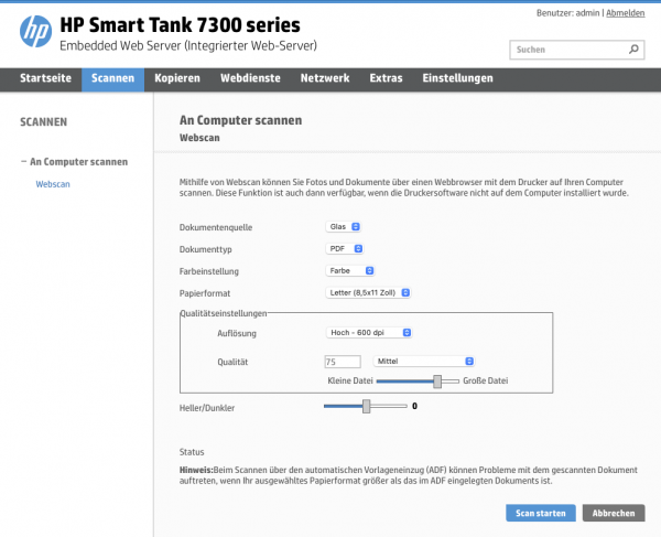HP Smart Tank 7305 Webserver: Webscan entsperrt